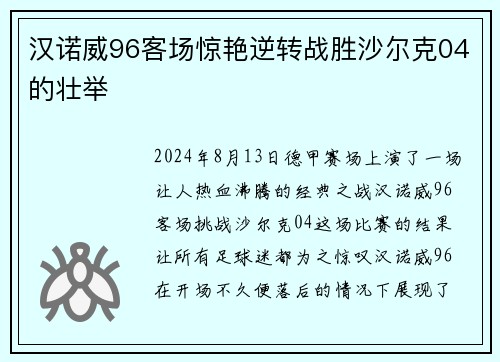 汉诺威96客场惊艳逆转战胜沙尔克04的壮举